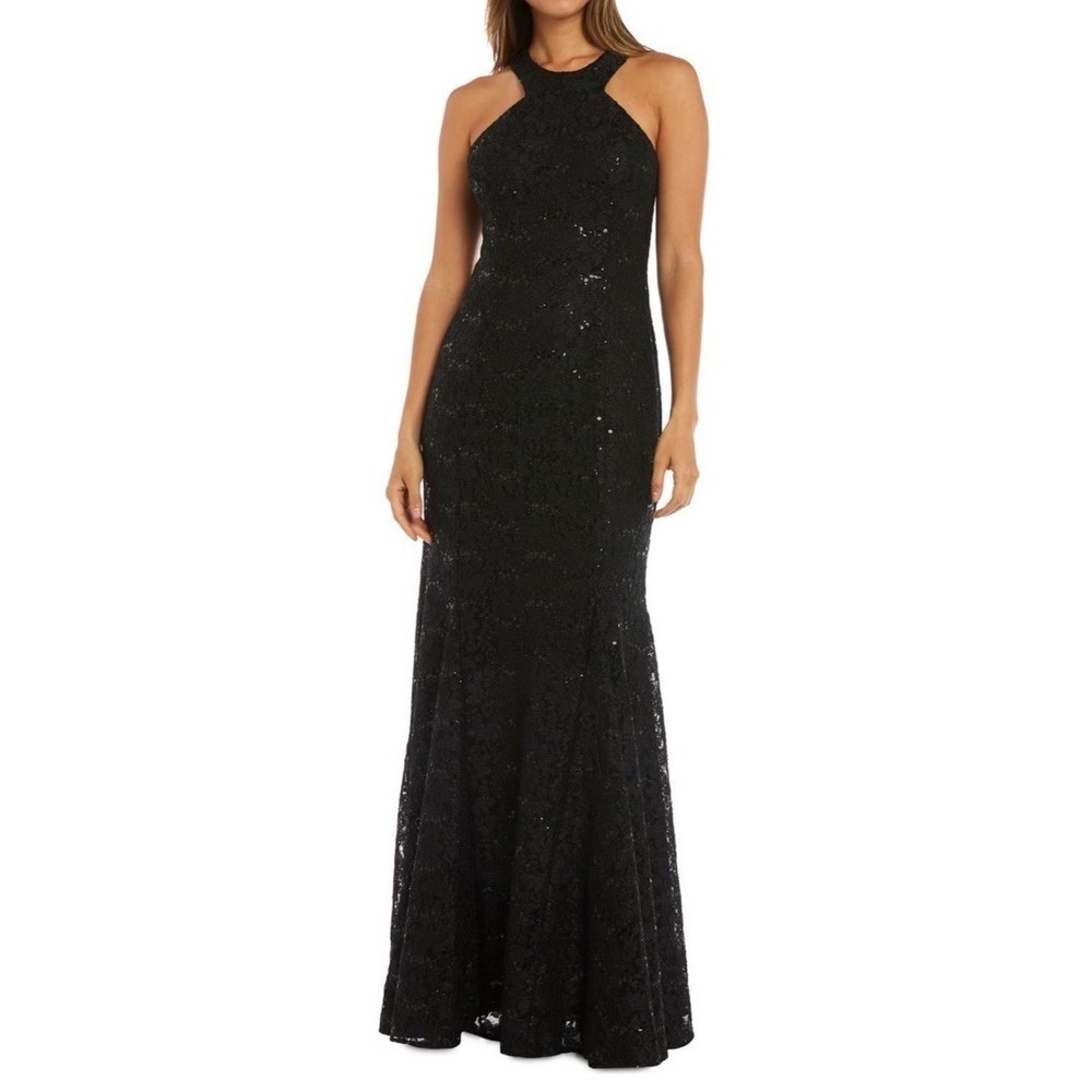 Morgan & Co Black Sequin Lace Halter Maxi Gown Strappy Back Womens 16W